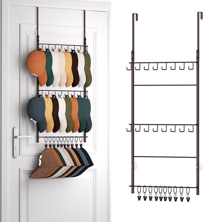 HapiRm Over Door Hat Rack - 3 Tier Wall Mounted Hat Organizer with 16 Hooks and 10 Movable Clips, Cap Hanger Storage up to 26 Caps for Door, Bedroom, Closet USPTO Patent Pending