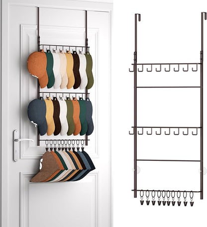 HapiRm Over Door Hat Rack - 3 Tier Wall Mounted Hat Organizer with 16 Hooks and 10 Movable Clips, Cap Hanger Storage up to 26 Caps for Door, Bedroom, Closet USPTO Patent Pending