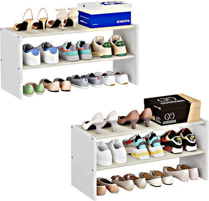 Cidaziya 2 Pack 2 Tier Small White Shoe Rack for Closet, Stackable Shoe Shelf Organizer for 9-12 Pairs of Shoes, Portable Wood and Cloth Structure, Small Shoe Storage Organizer, Size 28.5"* 11" * 13"