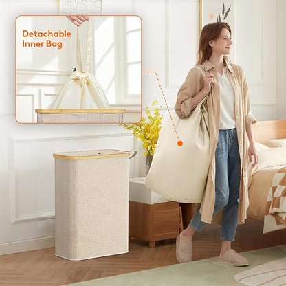 Lifewit 65L Slim Laundry Hamper with Lid, Narrow Laundry Basket with Removable Bag & Bamboo Handles, Fodable Thin Dirty Clothes Hamper for Laundry Collapsible Bin for Bathroom Bedroom Dorm, Beige