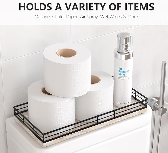 Toilet Paper Basket Organizer – Ash Wood Toilet Tank Tray with Metal Frame, Bathroom Counter Top Storage for Toilet Paper Wipes & Decor, Modern Narrow Back of Tank Shelf Organizer, Black & Whitewashed