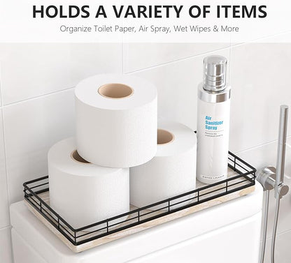 Toilet Paper Basket Organizer – Ash Wood Toilet Tank Tray with Metal Frame, Bathroom Counter Top Storage for Toilet Paper Wipes & Decor, Modern Narrow Back of Tank Shelf Organizer, Black & Whitewashed