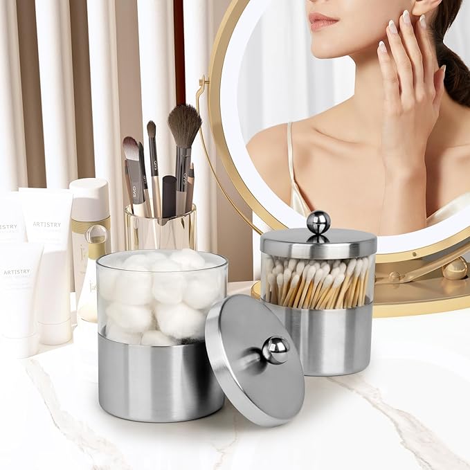 Gaussra Apothecary Jars, Qtip Holder - Brushed Stainless Steel Bathroom Jar with Stickers - Farmhouse Decor Qtip Dispenser for Qtips, Cotton Balls, Swabs, Makeup Sponges (2 Pack, Brushed Nickel)