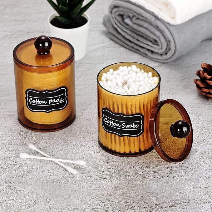 SheeChung 4-Pack Amber Acrylic Apothecary Jars - (2) 10oz & (2) 12oz Qtip Holder Set - Shatterproof Bathroom Vanity Organizer for Cotton Swabs,Balls,Pads - Modern Farmhouse Decor