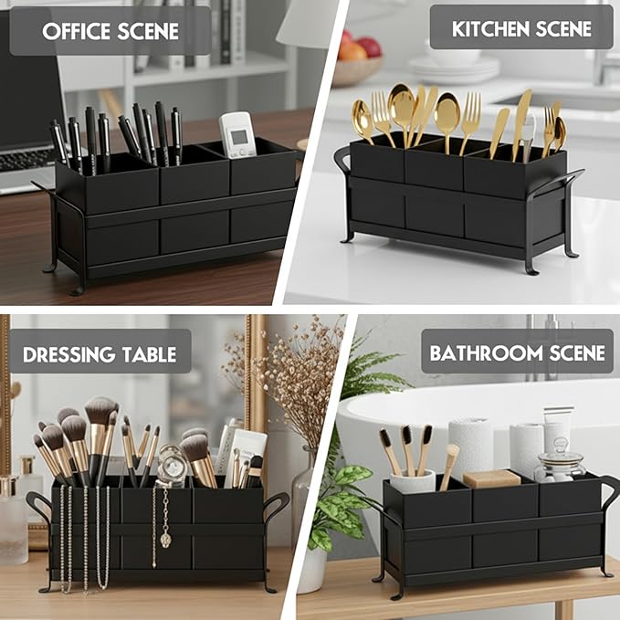 Utensil Holder Mesh Drainage Holes, 3pcs Bins Set Countertop Utensil Holder for Spoons, Forks and Knives, Cutlery Organizer Suitable for Party, Kitchen Counter, Black