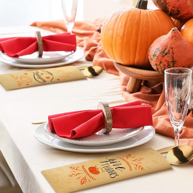 Sliner 200 Pcs Thanksgiving Cutlery Holders Fall Kraft Paper Silverware Bags Utensil Holders for Thanksgiving Party Decorations Autumn Farmhouse Harvest Party Favor Supply Table Decoration