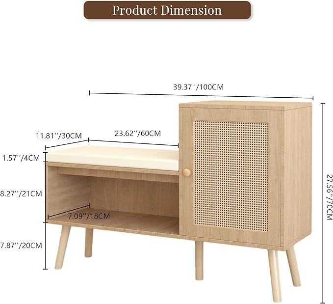 2-in-1 Shoe Storage Bench, Rattan Shoe Cabinet with 2 Adjustable Shelves and Removable Seat Cushion, Modern Entryway Bench, Shoe Storage Organizer, Shoe Rack for Hallway, Bedroom