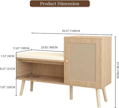 2-in-1 Shoe Storage Bench, Rattan Shoe Cabinet with 2 Adjustable Shelves and Removable Seat Cushion, Modern Entryway Bench, Shoe Storage Organizer, Shoe Rack for Hallway, Bedroom