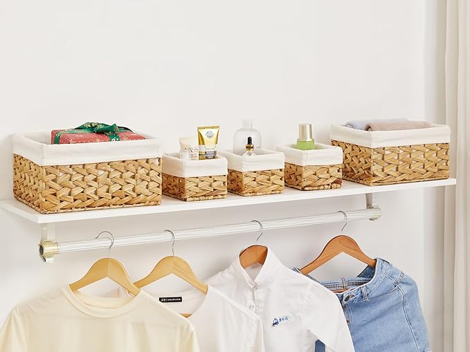 Vagusicc Wicker Storage Basket, 5 Pack Baskets for Organizing, Water Hyacinth Storage Baskets, Rectangular Wicker Baskets for Storage Shelves, Cube Storage Bins For Closet/Clothes/Dresser