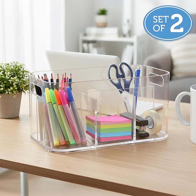 STORi Bliss 5-Compartment Plastic Cosmetics Storage Organizer, Set of 2 | Clear | Rectangular Divided Makeup Bin & Vanity Caddy with Pass-Through Handles | Round Corner Design | Made in USA