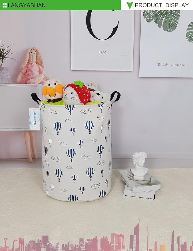 Laundry Basket Canvas Fabric Collapsible Organizer Basket for Storage Bin Toy Bins Gift Baskets Bedroom Clothes Children Nursery Hamper (Round Blue Balloon)