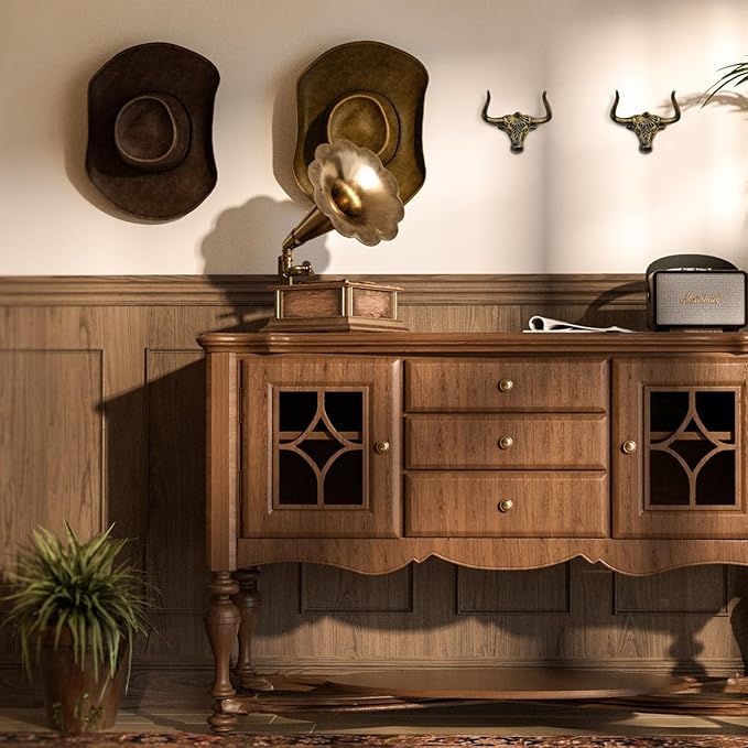 Cowboy Hat Rack 4 Pack Cast Iron Cowboy Hat Holder Cowgirl Hat Hanger Western Wall Decor Longhorn Decorative Wall Hooks for Storage and Organization at Closet Bedroom Antique Gold