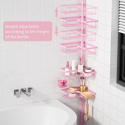 KEGII Shower Caddy Tension Pole, 4-Tier Rustproof Adjustable Corner Bathroom Organizer for Renters, 25–114.2 Inch No Drill Space-Saving Shower Storage Rack, Pink