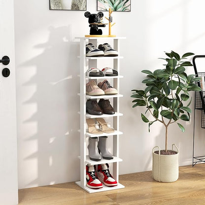 BETTARY 8 Tier Vertical Shoe Rack, Narrow Wooden Corner Shoe Organizer for Small Spaces, Removable Shelves, Anti-toppling Device, Shoe Tower for Entryway, Closet, Bedroom (White, Single Row)