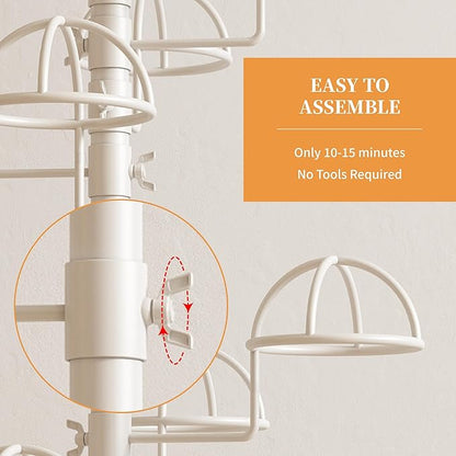 Freestanding Hats Rack Stand with 25 Customizable Circular Hooks Metal Hat Rack Hats Tree Organizer Rack Display Standing Floor Hat Stand for Home Store Commercial, White