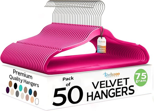 Techzoo Premium Velvet Hangers 50 Pack Ultra Thin Non Slip Adult Felt Space Saving Suit Hanger for Closet Heavy Duty Coat Pants Jackets Dress Hangers 360° Swivel Hook Hold Upto 10 lbs Dark Pink