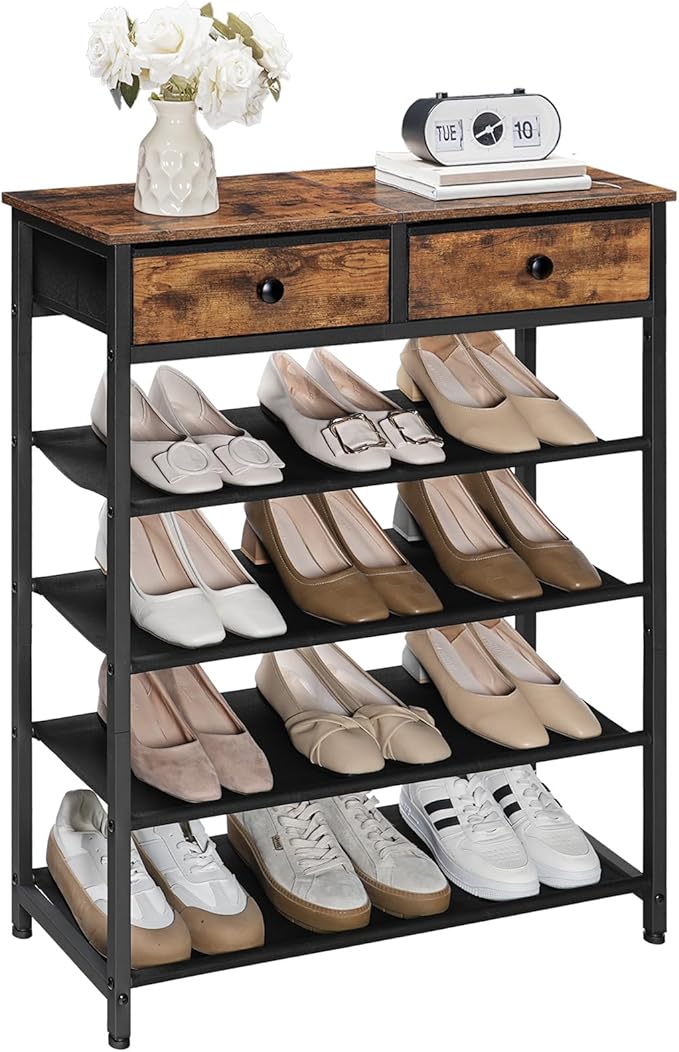 HOOBRO Shoe Rack, 5 Tier Shoe Storage Organizer with 2 Non-Woven Drawers, 12-16 Pairs of Shoes for Entryway, Shoe Shelf with 4 Oxford Fabric Shelves and Wooden Top, Closet, Rustic Brown BF78XJ01
