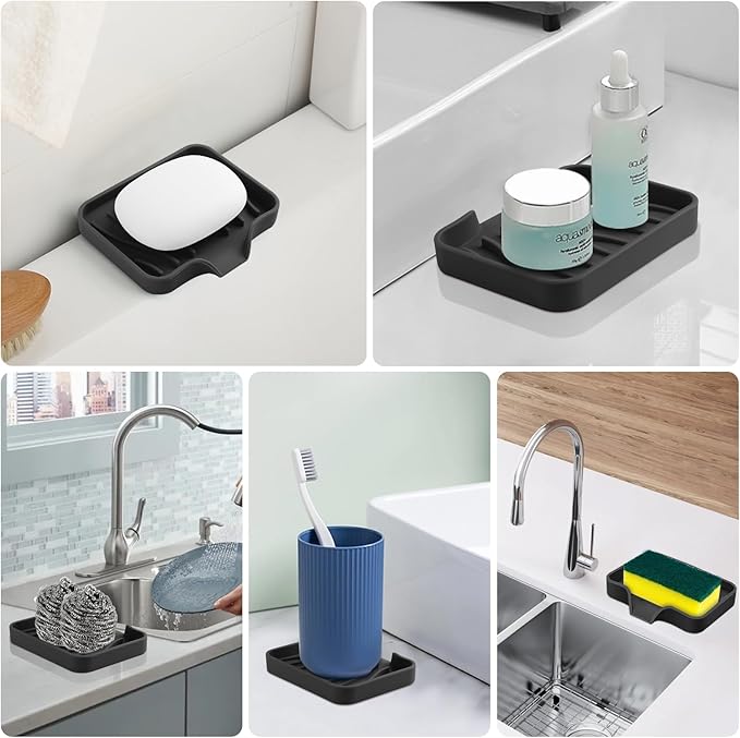 Silicone Soap Dish with Drain, SAISN Kitchen Soap Tray for Shower 2 Pack Self Draining Soap Dish Soft Bathroom Soap Holder for Kitchen Sink Flexible Portable Soap Saver, Black
