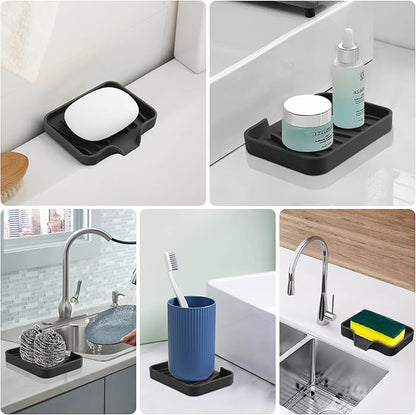 Silicone Soap Dish with Drain, SAISN Kitchen Soap Tray for Shower 2 Pack Self Draining Soap Dish Soft Bathroom Soap Holder for Kitchen Sink Flexible Portable Soap Saver, Black