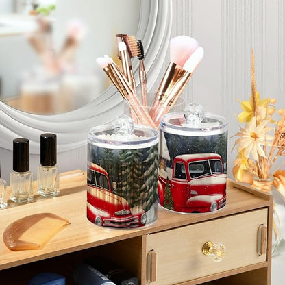 2 Pack Apothecary Jars Bathroom Red Truck Farm Christmas Qtip Holder Dispenser Clear Plastic Storage Canister Jar with Lid for Cotton Ball, Cotton Swab