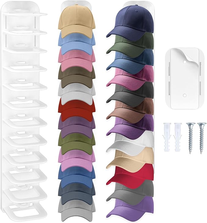 Hat Organizer for Baseball Caps, 1 Pack Hat Rack for Wall, Wall Mounted Adhesive Cap Rack, Hat Holder Hanger Hold Up to 12 Cap, Baseball Hat Storage Organizer for Door, Closet, Bedroom(Cloud White)