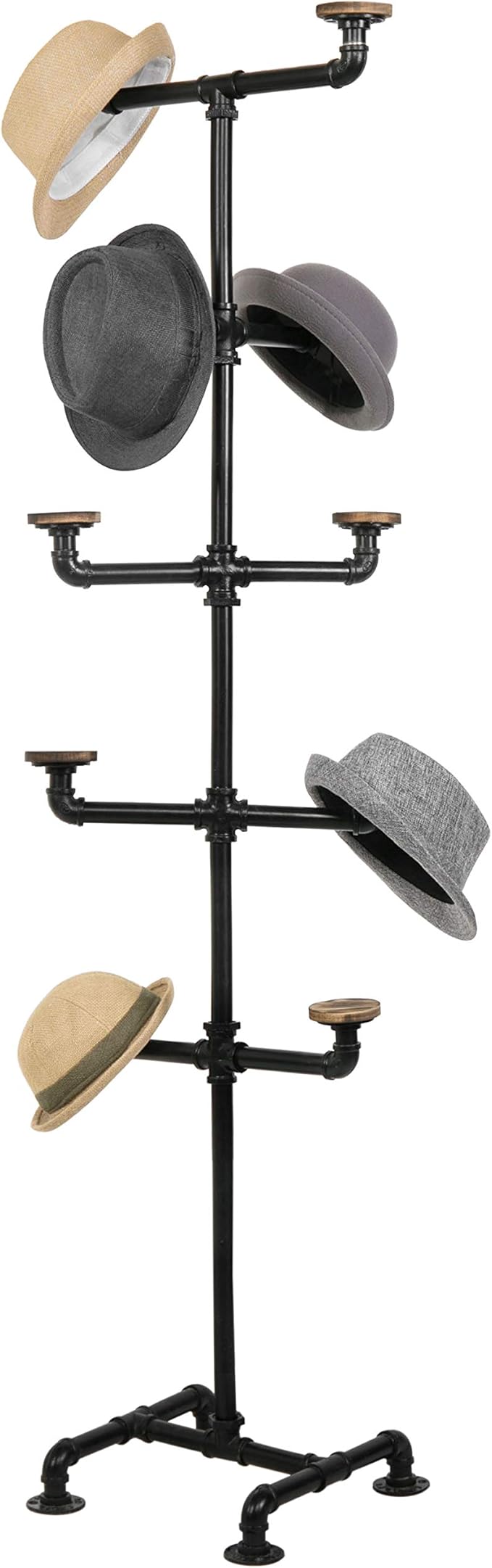 MyGift Hat Rack Stand,Standing Hat Organizer Tree, Baseball Caps Cowboy Hat Display, Industrial Black Metal Pipe Rack with 10 Round Rustic Burnt Wood Hanger Hooks