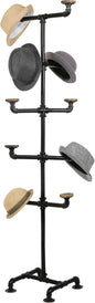 MyGift Hat Rack Stand,Standing Hat Organizer Tree, Baseball Caps Cowboy Hat Display, Industrial Black Metal Pipe Rack with 10 Round Rustic Burnt Wood Hanger Hooks