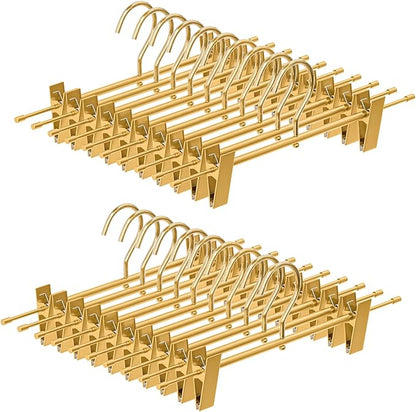 20 Pack Matte Gold Aluminum Pants Hangers with 2 Adjustable Clips & 360° Swivel Hooks, Lightweight & Sturdy, Non-Slip Rubber Pads for Trouser, Skirts, Jeans, Scarf, Camisoles, Kids & Adults