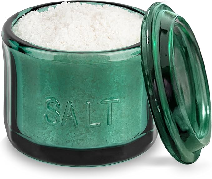KooK Glass Salt Cellar, with Lid, Embossed Pressed Glass, Clear Storage Container, for Coffee, Sugar, Spices and Candies, 10 oz (Emerald Green)