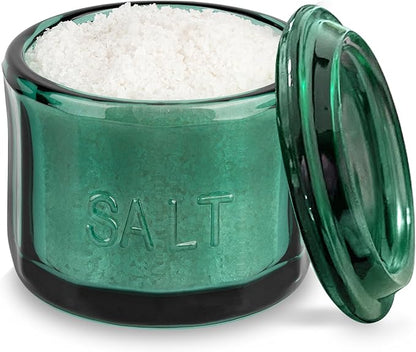 KooK Glass Salt Cellar, with Lid, Embossed Pressed Glass, Clear Storage Container, for Coffee, Sugar, Spices and Candies, 10 oz (Emerald Green)