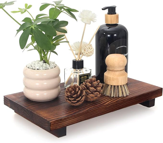 Farmhouse Bathroom Vanity Tray Wood Pedestal Stand Kitchen Countertop Trays Decorative Wooden Risers Dish Soap Dispenser Holder for Kitchen Counter Decor Modern Bathroom Sink Organizer Accessories