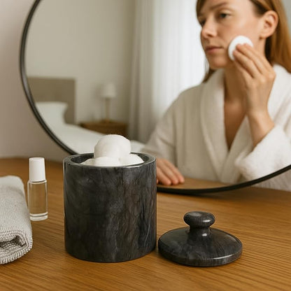Creative Home Hand Carved Natural Black Marble Storage Jar Heavy Duty Taiwan Yushan Stone for Cotton Balls Jewelry Bathroom Essentials Chemical-Free and Eco-Friendly, 3.8 Diam. x 5.2 H Inch