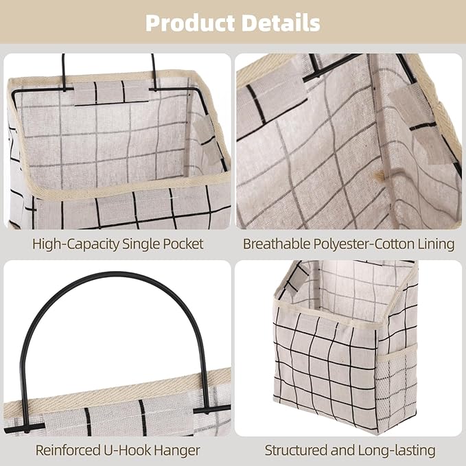 OMISTAR 3 Pcs Fabric Wall Hanging Storage Caddy Bag, Small Wall Mount Bedroom Organizer, 8.9 x 3.9 x 7.5 in Organizer Storage Bag, with Adhesive Hooks, Grey Black White Plaid
