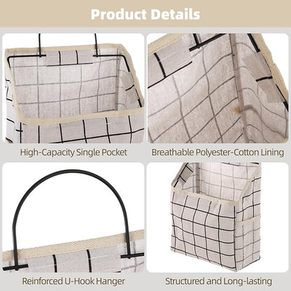 OMISTAR 3 Pcs Fabric Wall Hanging Storage Caddy Bag, Small Wall Mount Bedroom Organizer, 8.9 x 3.9 x 7.5 in Organizer Storage Bag, with Adhesive Hooks, Grey Black White Plaid