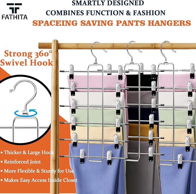 3 Pack Pants-Hangers-Space-Saving,6 Tier Skirt-Hangers with Clips for Closet-Organizers-and-Storage,Foldable Dorm-Room-Essentials-for-College-Students-Girls,Closet Organizer System Jean Yoga Hanger