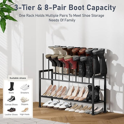DIMJ Boot Rack 3-Tier - Black Metal Boot Storage Rack for Tall Boots Organizer Tall Boots, Multiuse Shoe Rack for Boots, Sneakers, High-Heel, Entryway, Fit for 8 Pairs, Black