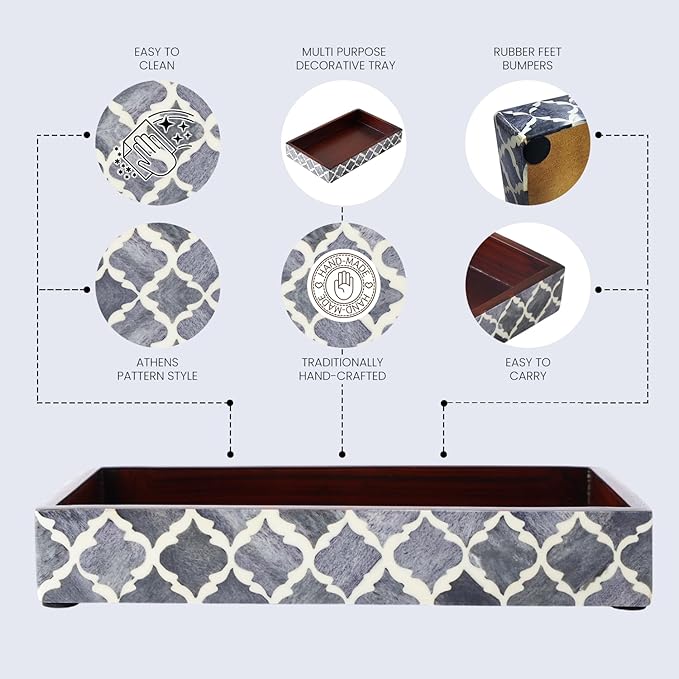 Handicrafts Home 10"x6" Vanity Tray for Bathroom Countertop, Moroccan Bone Inlay Decorative Organizer Tray for Perfume, Jewelry, Cosmetics & Dresser Decor, Rectangular Catchall Tray, Grey White