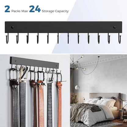 Belt Hanger Wall Mounted, Wooden Belt Organizer 2 Pack Max 24 Storage Capacity, 180° Rotating Space Saving Hangers for Ties, Tank Tops, Scarves, Bras, Keys, Bags Halloween Black