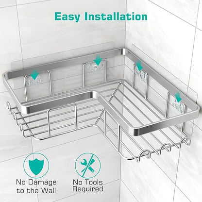 YASONIC Corner Adhesive Shower Caddy, with Soap Holder and 12 Hooks, Rustproof Stainless Steel Bathroom Organizer, No Drilling Wall Mounted Rack, Brushed Silver, 3-Pack
