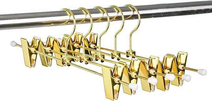Amber Home 10 Pack Shiny Gold 12 Inch Metal Pants Skirts Hanger, Sturdy for Slacks Trousers with 2 Adjustable Non Slip Clips and Swivel Hook (10 Pack)