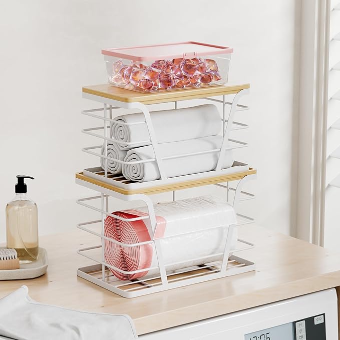 TIDIIABODE 2 Pack Stackable Laundry Room Organization and Storage, Laundry Room Decor and Accessories, Trash Bag Holder with Bamboo Top and Garbage Bag Dispenser, White