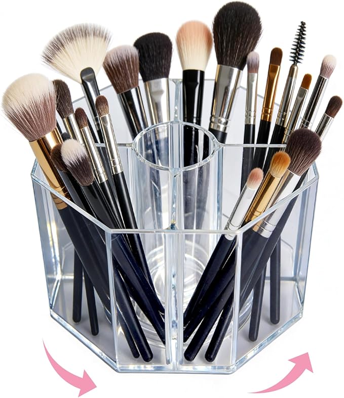 Acrylic Makeup Brush Holder, 360°Rotating Makeup Brush Organizer with 5 Grids, Clear Makeup Holder for Courtup, Bathroom Vanity Desktop Organizer (Rhombus)