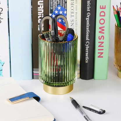 Glass Makeup Brush Holder, Green Makeup Brush Holder for Vanity, Toothbrush Holders for Bathrooms, Desktop Makeup Organizer for Cosmetic, Brushes, Pen, Pencil