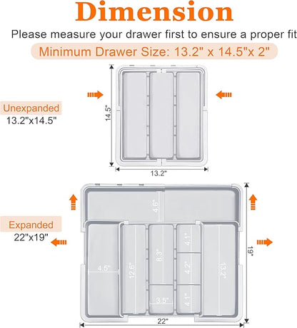 Spaclear Large Utensil Drawer Organizer Expandable Silverware Organizer for Kitchen Drawer Adjustable Cooking Utensil Holder Cutlery Flatware Tray Spatula Tools Gadgets Storage Dividers Plastic Grey