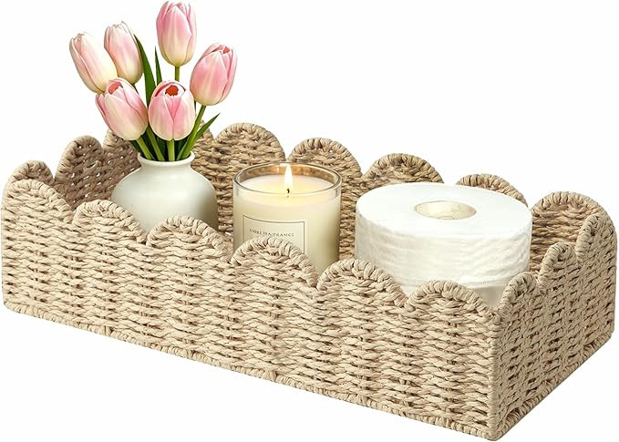 Scalloped Wicker Toilet Paper Storage Basket, Handwoven Paper Rope Basket Organizer for Toilet Tank & Shelves, Decorative Woven Storage Bin for Living Room, Bedroom & Coffee Table,Beige M