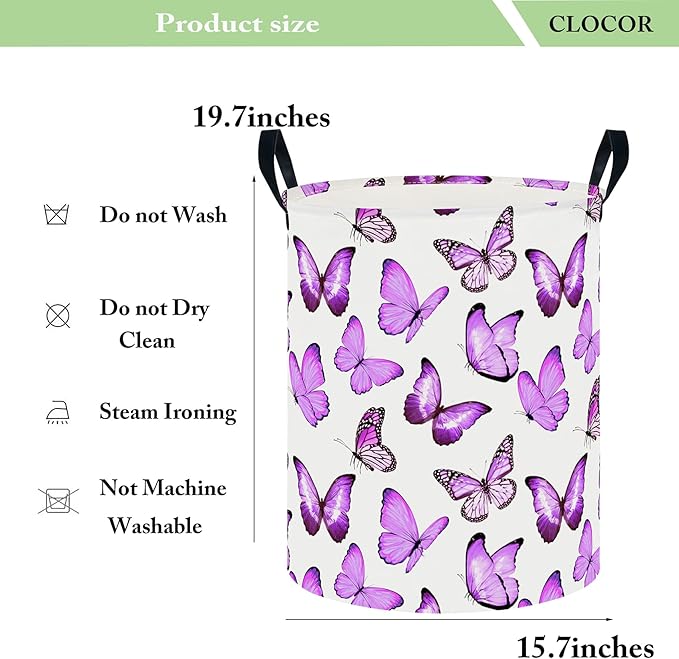 CLOCOR Large Laundry Basket,Waterproof Nursery Hamper,Collapsible Fabric Storage Container,Room Decor,Gift Basket（Deep Purple Butterfly