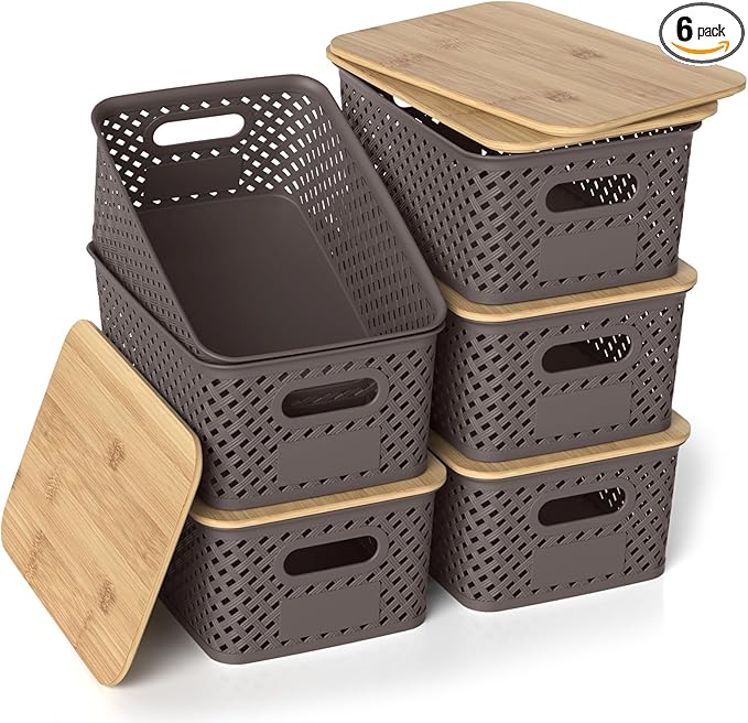 Plastic Storage Bins with Bamboo Lids, Stackable Small Box Baskets for Organizing and Containers for Shelves Drawers Desktop Closet Pantry Classroom Office Home, 6 Pack 10.2x7.2x4.1 Inch, Brown