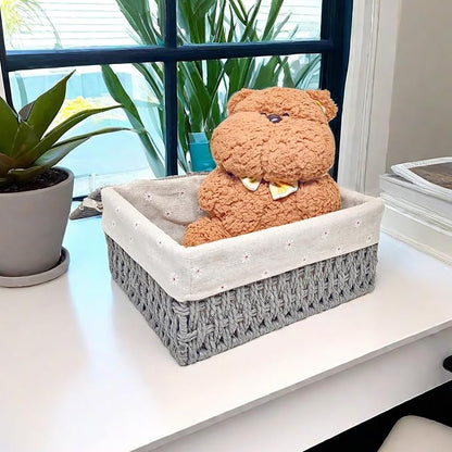 GIB Small Wicker Storage Baskets with Lids and Liner, Rectangular Paper Rope Woven Baskets for Organizing, Decorative Boxes Boho Decor for Shelves Table Desktop Makeup Organizer, Set of 3, Grey