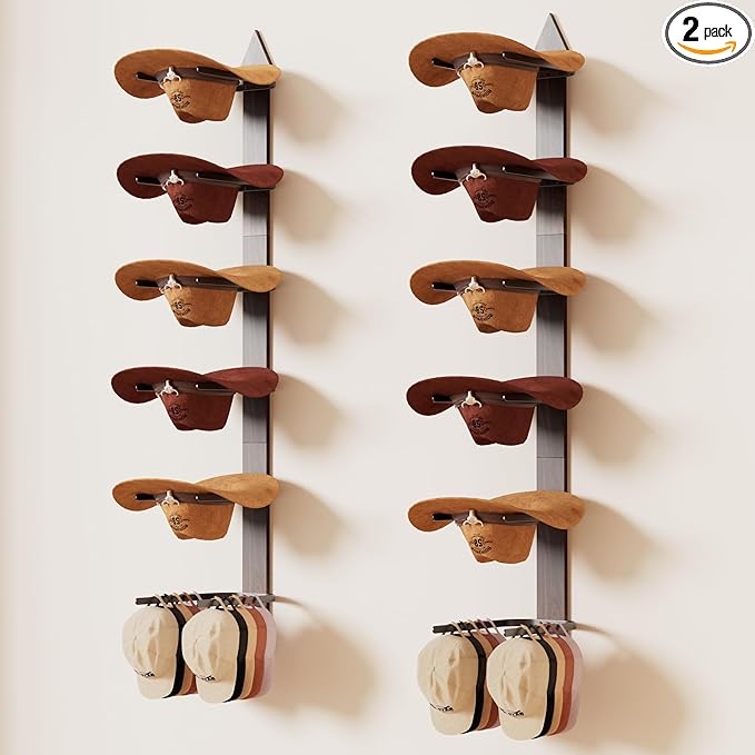 Cowboy Hat Rack for Wall, Cowboy Hat Holder Wall Mount Holds up to 6 Hats, Wooden Western Rustic Metal Hat-Organizer with Arrow Sign Board, Display and Decor Rack for Fedora, Sun Hats,Baseball Caps