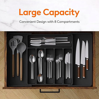 YWHWXB Silverware Drawer Organizer,Expandable Utensil Tray,Large Kitchen Drawer Organizer,Adjustable Plastic Flatware Organizer for Flatware Cutlery Spoon Knives Drawer Storage Organization (Black)